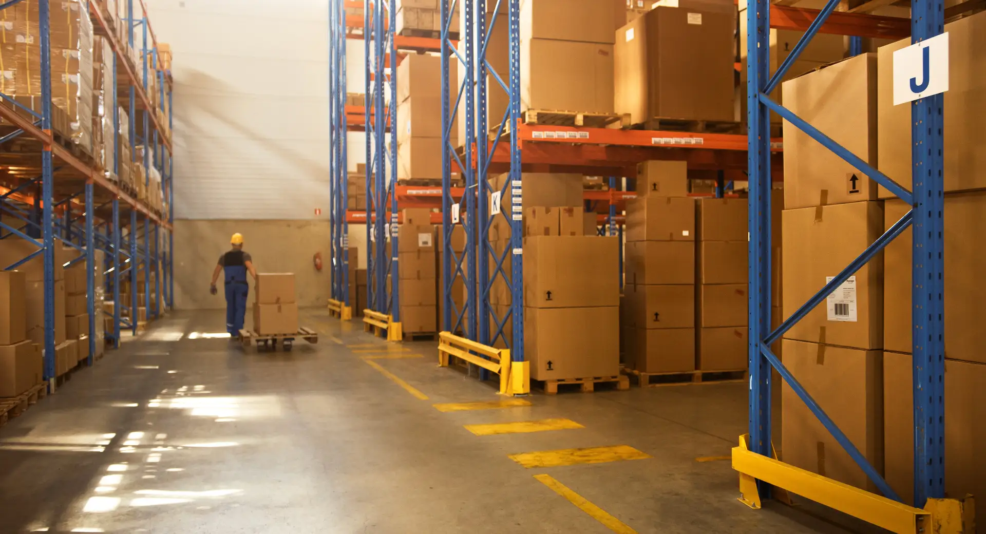 Man pushing a roll cage ready for delivery in a warehouse