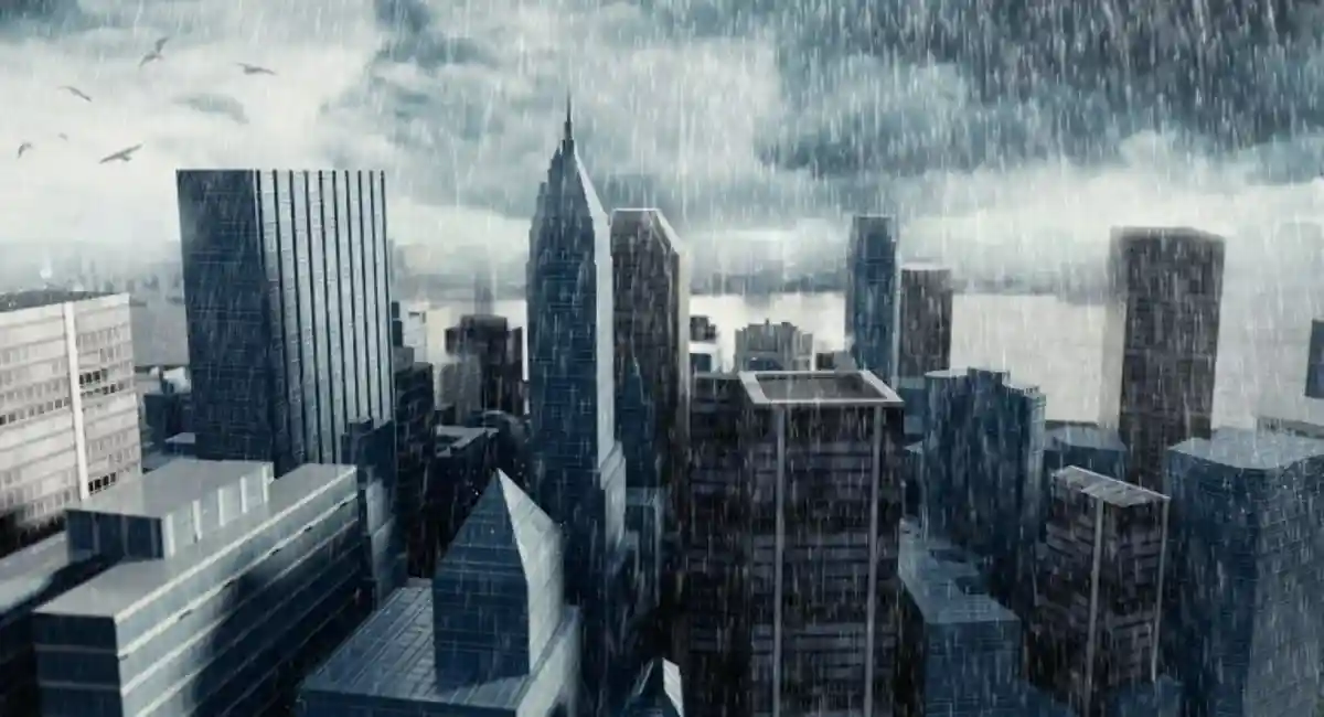Skyline of skyscrapers in heavy rain